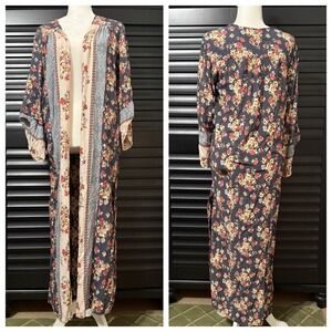 Angie Long Prairie Duster Robe Kimono Layer Top Large Blue Floral Boho Cottage